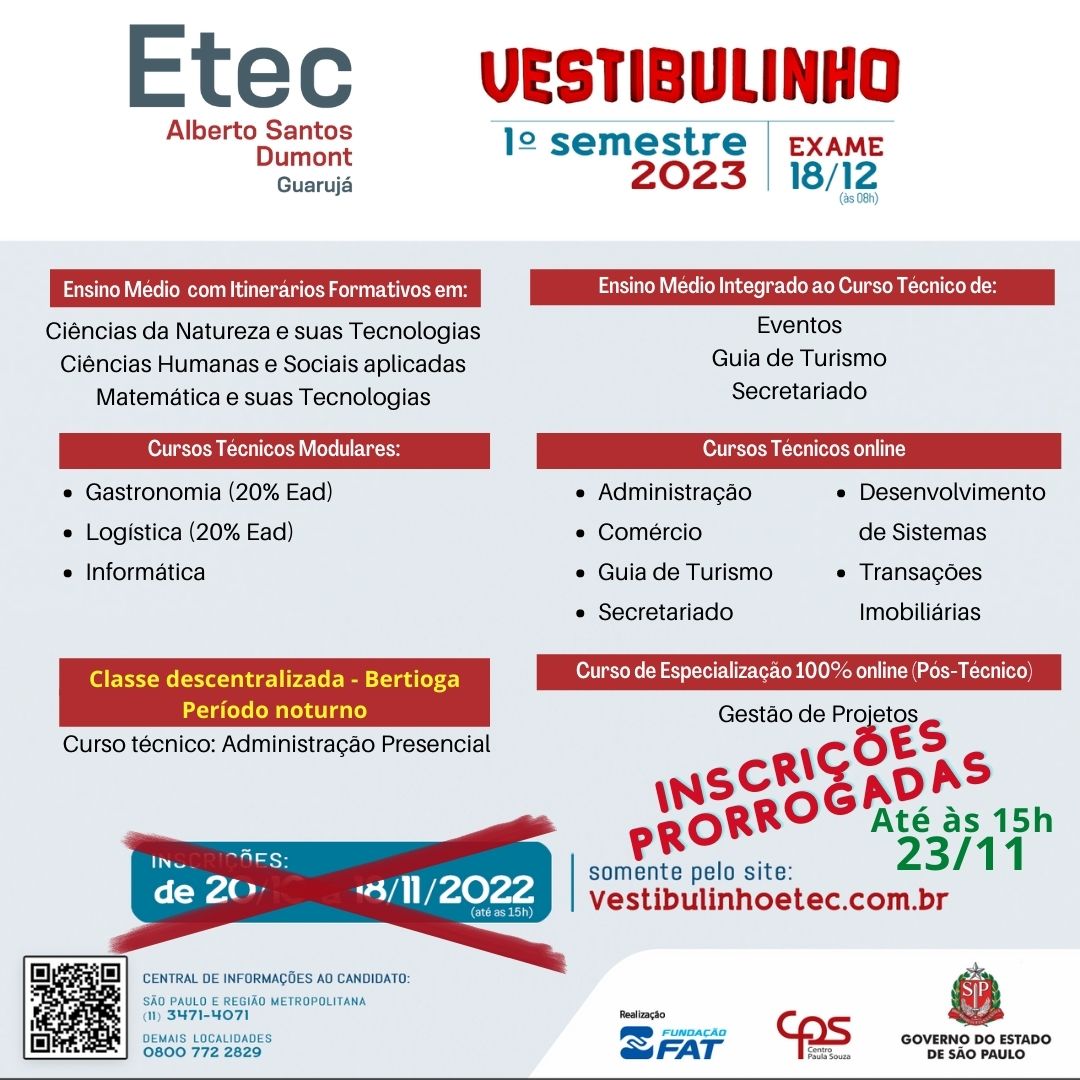 Inscrições Prorrogadas – Vestibulinho Etec 1º Semestre de 2023