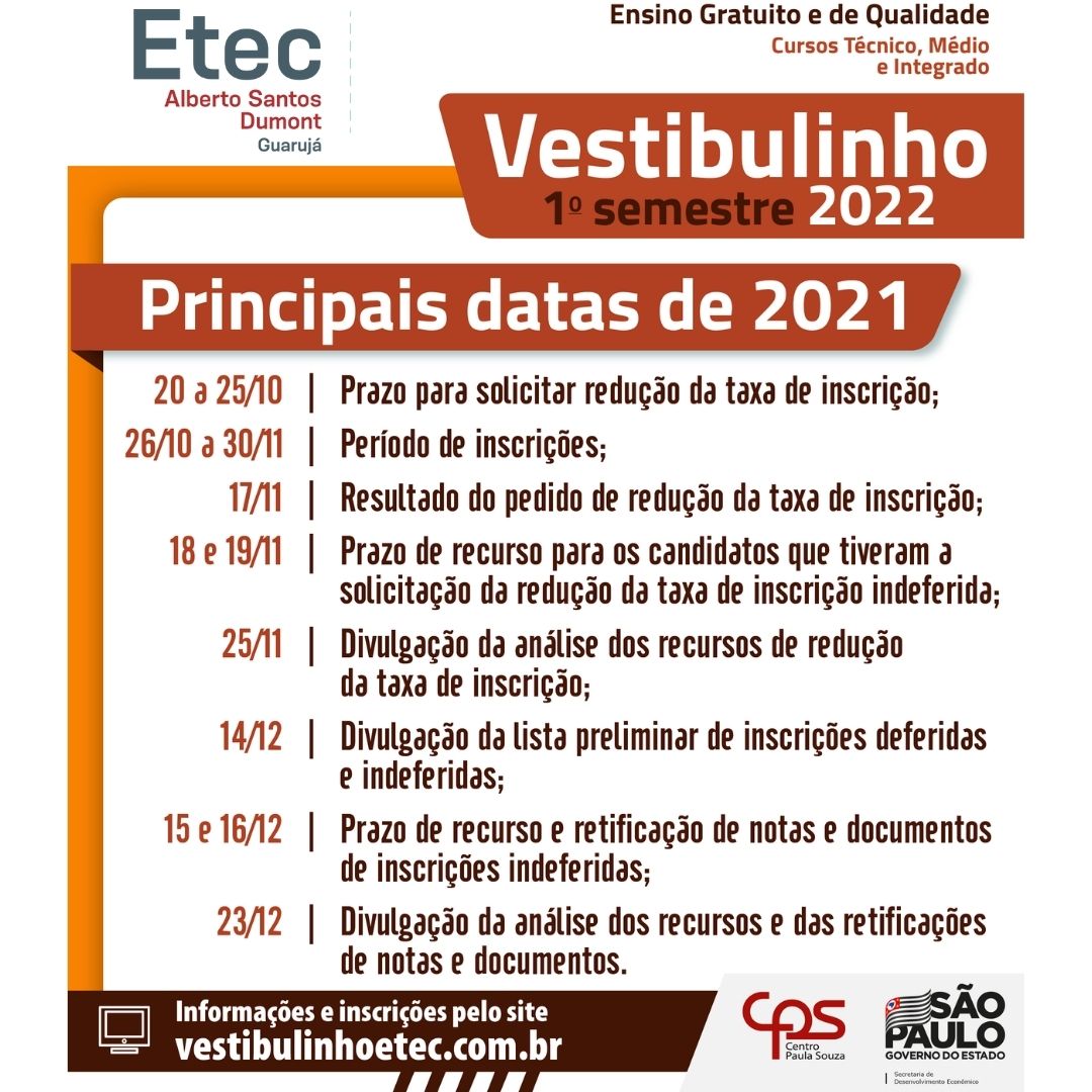 Vestibulinho Etec 1º Semestre De 2022 Fique Atento Aos Prazos Etec Alberto Santos Dumont 4561