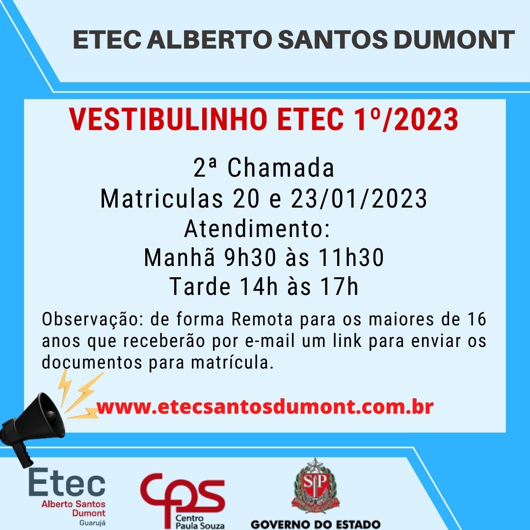 Inscrições abertas para o Vestibulinho da ETEC 2023