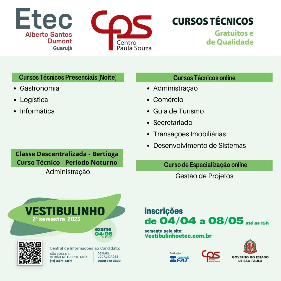 Inscrições abertas para o Vestibulinho da ETEC 2023